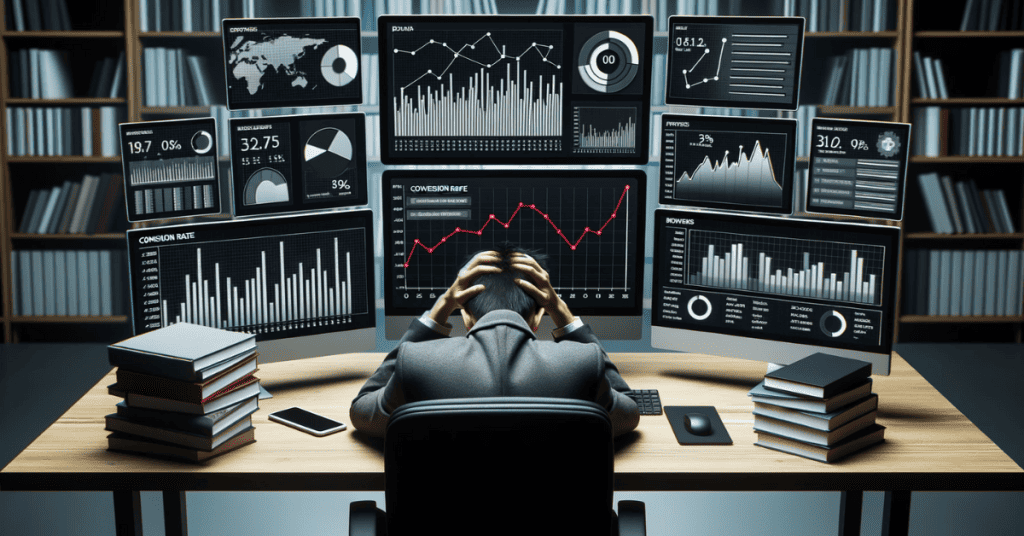 man sitting at desk looking stressed with computer screens showing data.