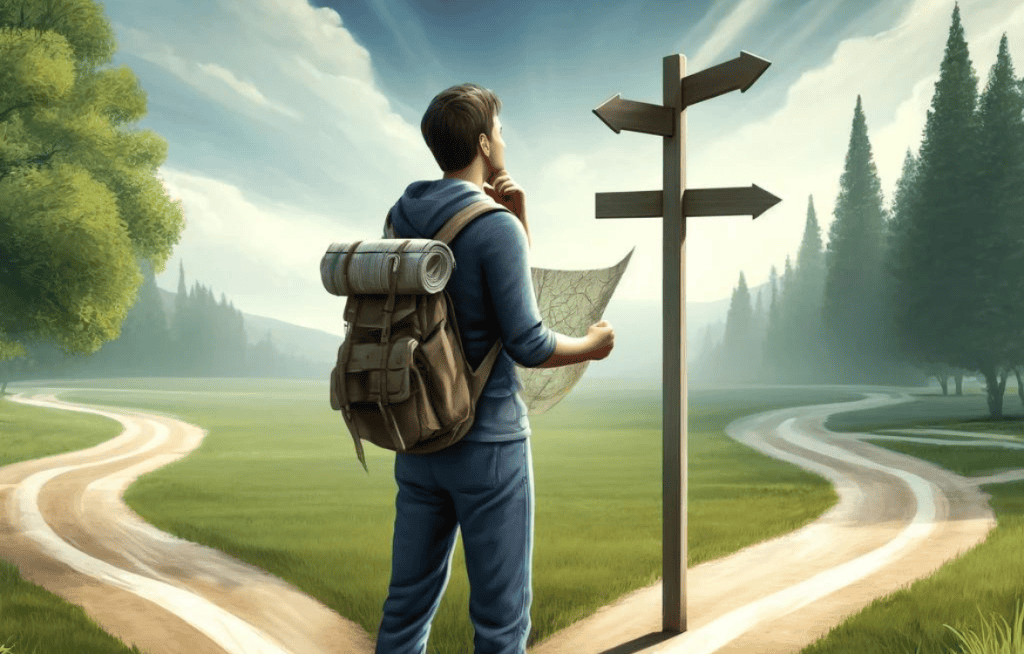 man standing at a crossroads trying to make a decesion.