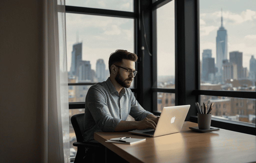 guy sitting at a desk working on his laptop with the city behind him.
