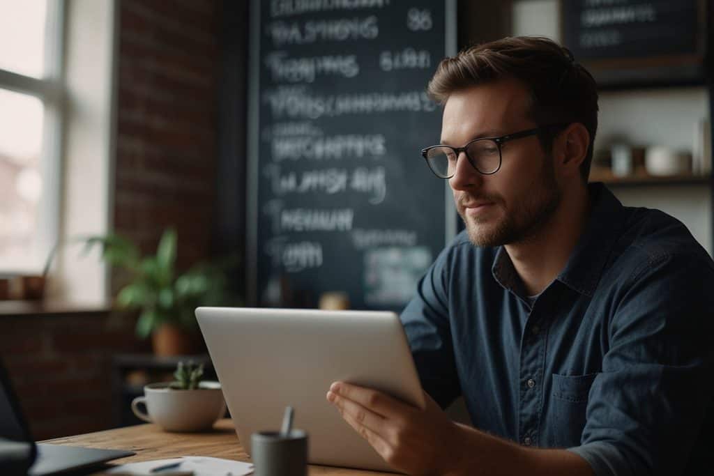 guy sitting at his computer working on his business.
