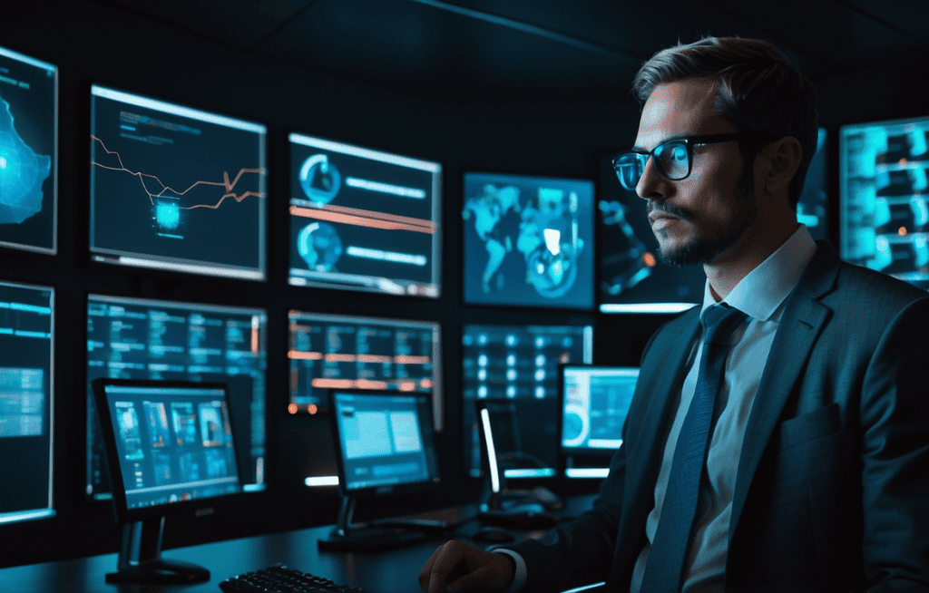cyber security guy analyzing the computer system.