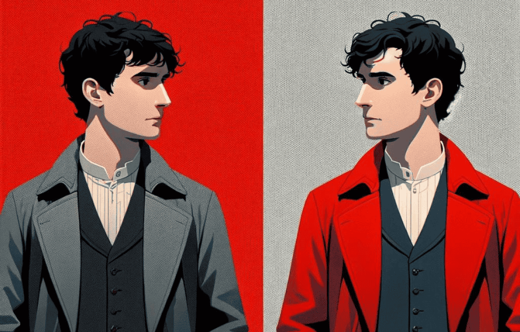 Two people looking like twins, but each wearing a different color outfit.