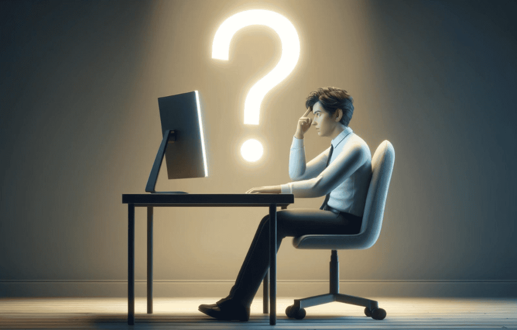 man sitting at computer thinking with a question over his head.