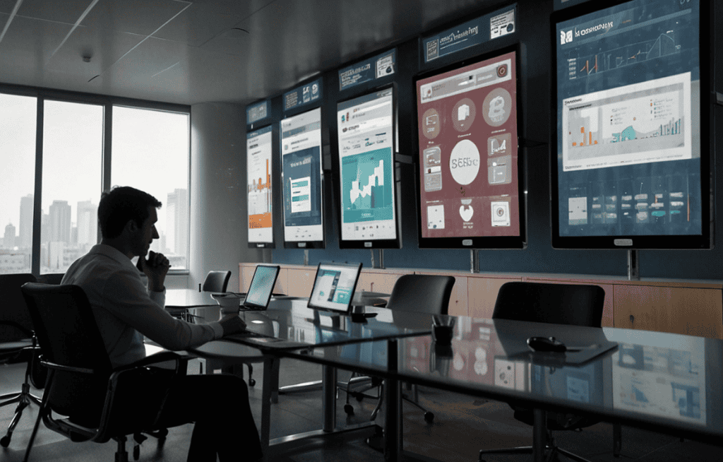 Guy sitting at a desk staring at some computer monitors. 
