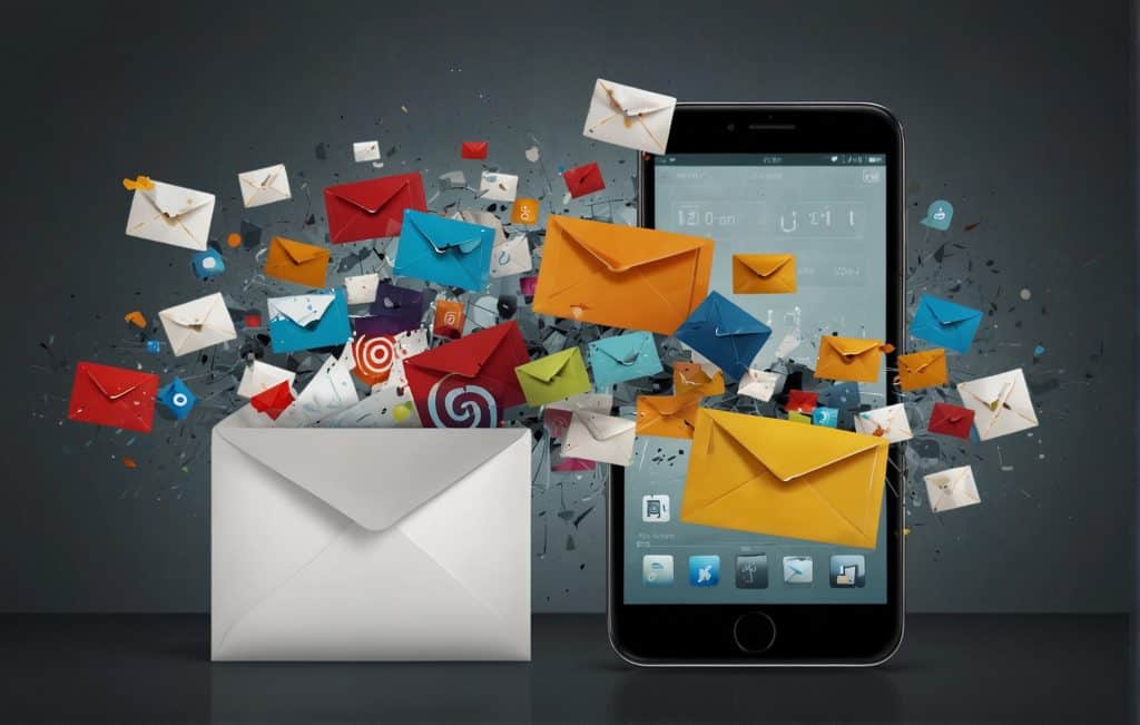 Image of email letters flowing from tablet devices.